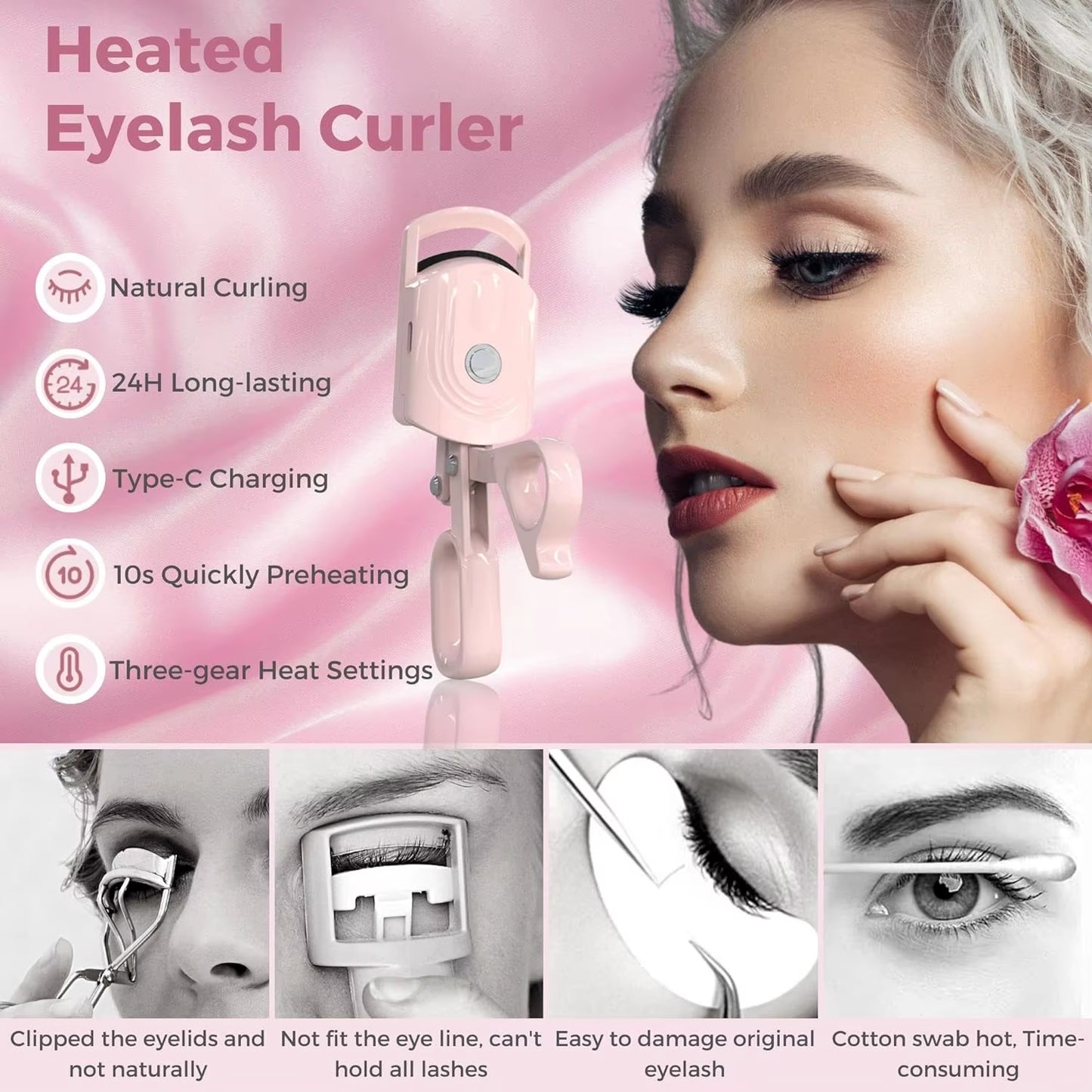 Heated Eyelash Curlers, Electric Eyelash Curler, 3 Heating Modes Rechargeable Portable Eyelash Curler for Natural-Looking (Pink)
