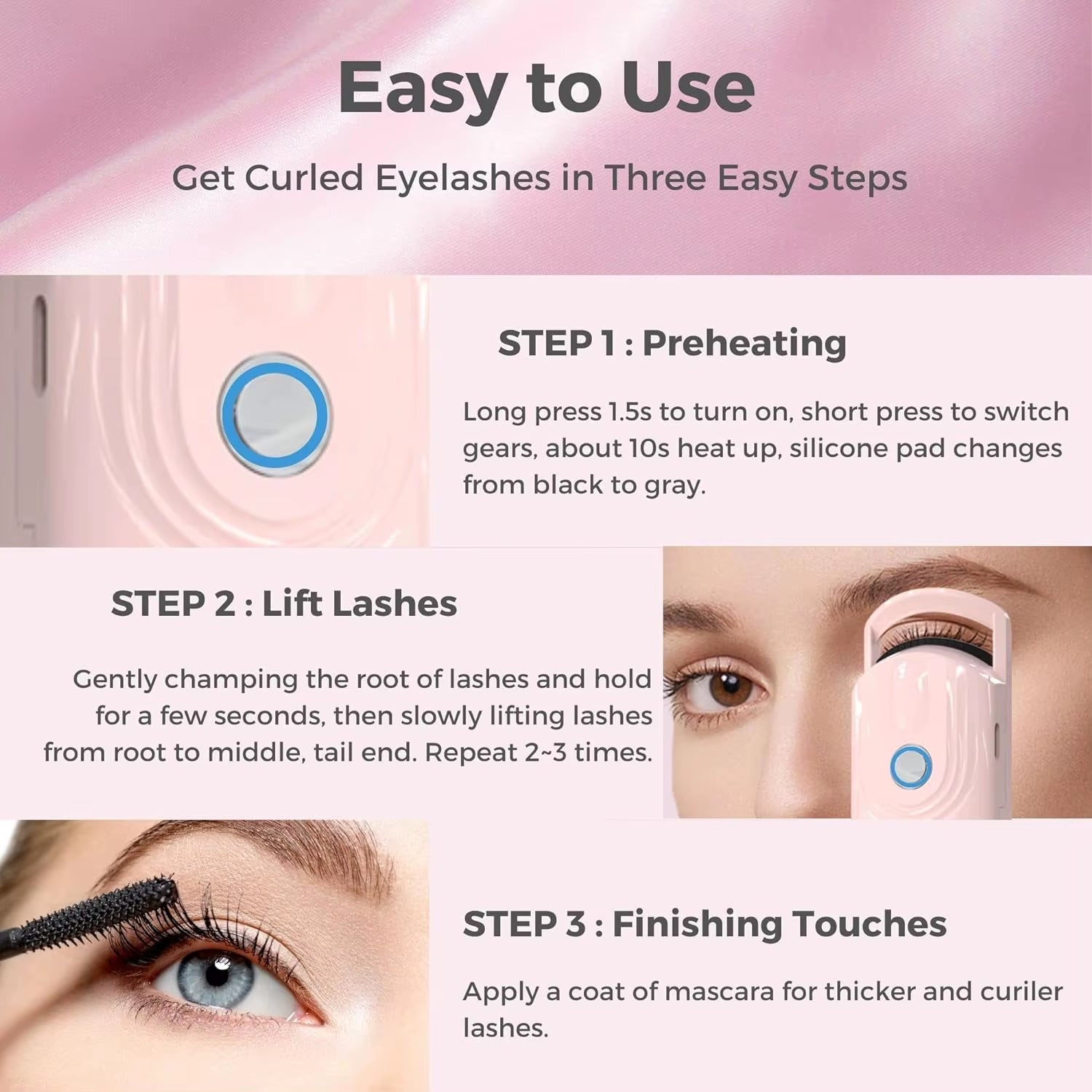 Heated Eyelash Curlers, Electric Eyelash Curler, 3 Heating Modes Rechargeable Portable Eyelash Curler for Natural-Looking (Pink)